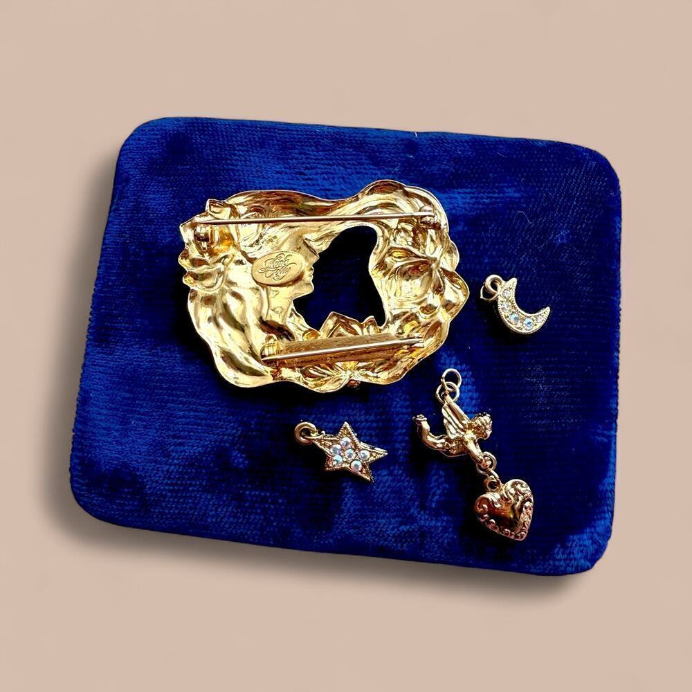 Kirk’s Folly Art Nouveau Lady of The Lake Face Gold Tone Rhinestone Brooch Pin - Picture 6 of 7